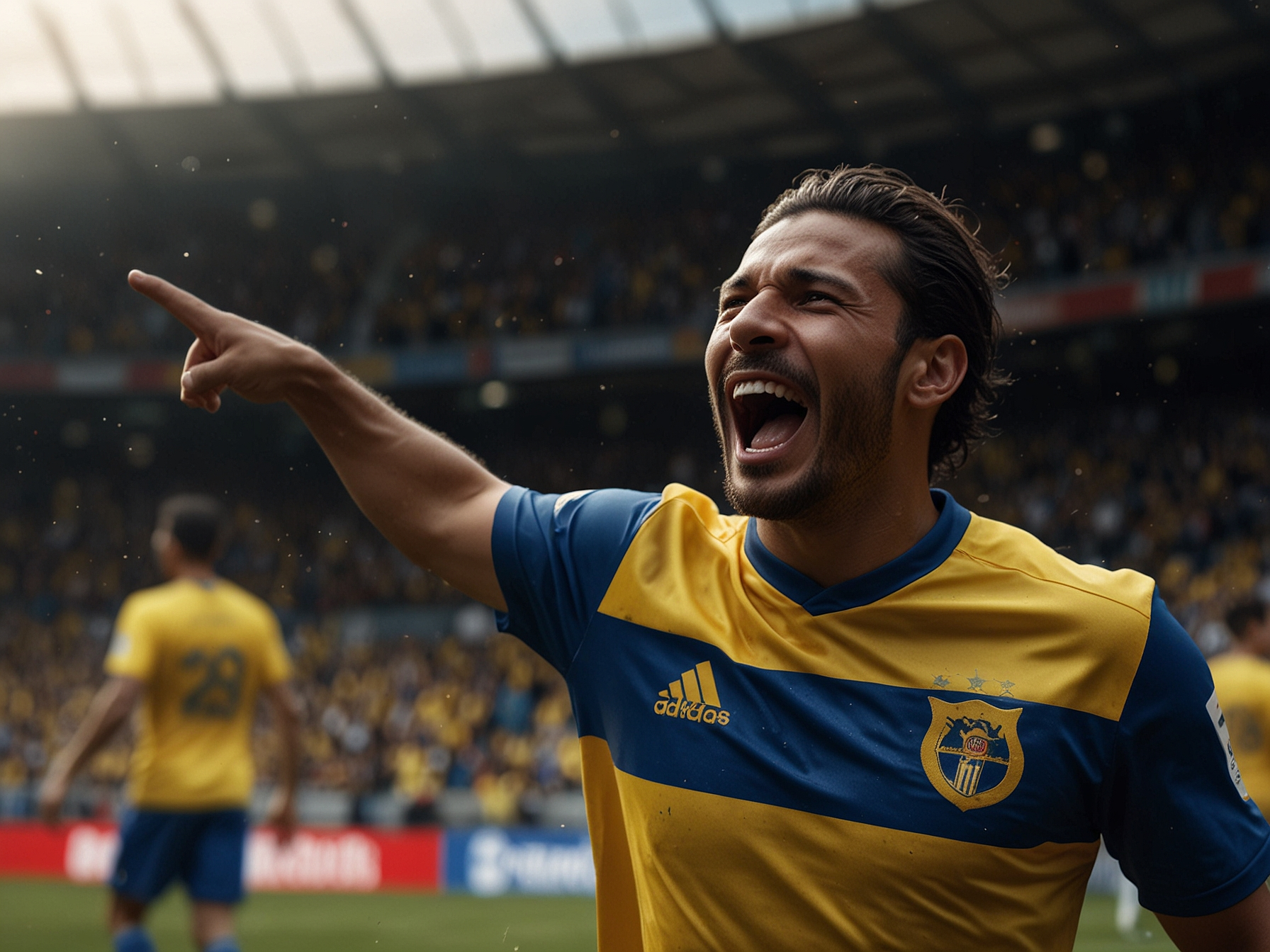 Jugador celebrando gol en estadio ecuatoriano